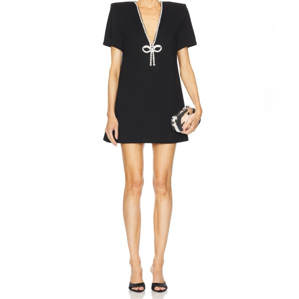 AREA Crystal Bow V Neck T-Shirt Dress, Black, L